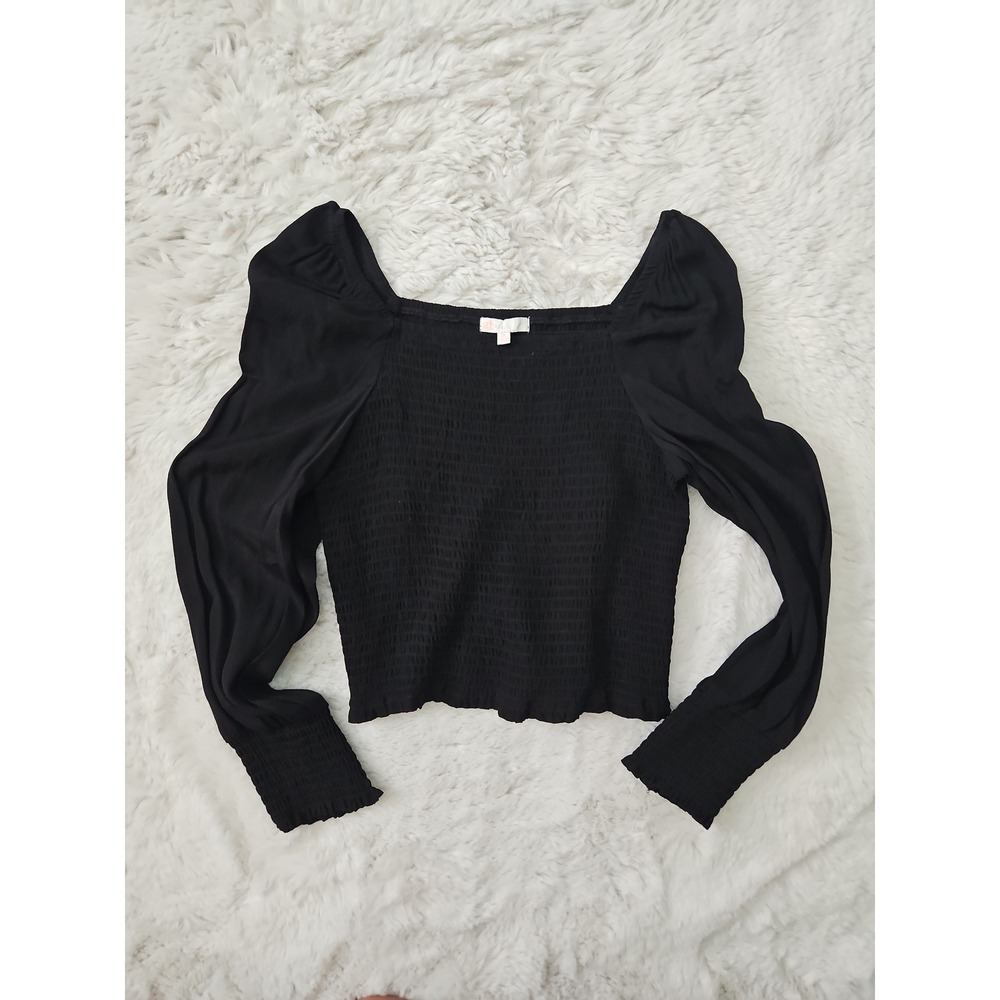 GB Girls Black Smocked Long Sleeve Top XL Square Neck Rayon Blouse